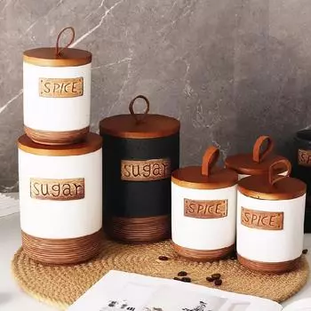 Деревянная крышка Керамическая герметичная банка Банка для хранения кофейных зерен Конфеты Сухофрукты Разные зерна Закуски Банка для хранения Кухонные принадлежности