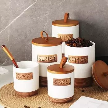 Деревянная крышка Керамическая герметичная банка Банка для хранения кофейных зерен Конфеты Сухофрукты Разные зерна Закуски Банка для хранения Кухонные принадлежности