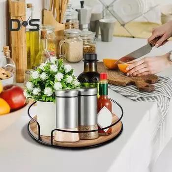 Деревянная кухонная полка для специй, вращающаяся на 360 градусов, противоскользящая конструкция, органайзер для специй, деревянная поворотная полка A