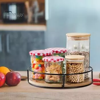 Деревянная кухонная полка для специй, вращающаяся на 360 градусов, противоскользящая конструкция, органайзер для специй, деревянная поворотная полка A