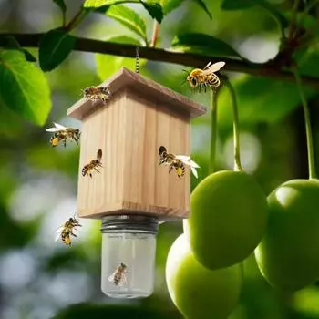Деревянная ловушка для пчел, кубическая форма, не требующая особого ухода ловушка для насекомых с бутылкой, легкое размещение, подвесной ловец для пчел светло-коричневого