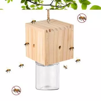 Деревянная ловушка для пчел-плотников с прозрачной пластиковой бутылкой снаружи, сверлильная ловушка для пчел из натурального дерева, устойчивая к атмосферным воздействиям, уличная подвесная ловушка для пчел 1 Set