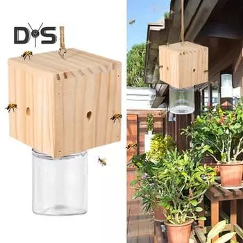 Деревянная ловушка для пчел-плотников с прозрачной пластиковой бутылкой снаружи, сверлильная ловушка для пчел из натурального дерева, устойчивая к атмосферным воздействиям, уличная подвесная ловушка для пчел 1 Set