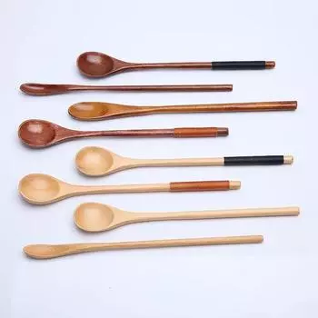 Деревянная ложка для смешивания риса, салата, ложка с длинной ручкой, десертная ложка для приправ, сахара, соли, специй, столовая посуда, кухонные принадлежности, 1 шт.
