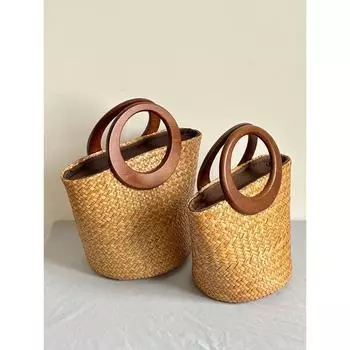 Деревянная Любовь Плетеная Сумка Соломенная Сумка Новинка Пляжная Сумка для Пляжа Соломенная Сумка Сумка-Сатчел Овощная Корзина Нишевый Стиль Классический Ретро Small size/round handle + straw + zipper lining