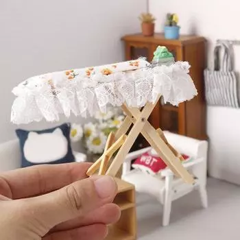Деревянная мини-гладильная полка, миниатюрный держатель для утюга с утюгом, реалистичное декоративное украшение для игрового домика для 1 человека:12 кукольный домик белый