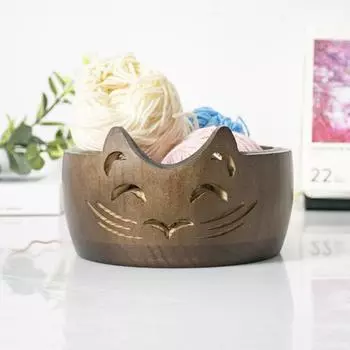 Деревянная миска для пряжи с кошачьими ушками и отверстием, органайзер для хранения шариков ручной работы для вязания крючком пряжи коричневый