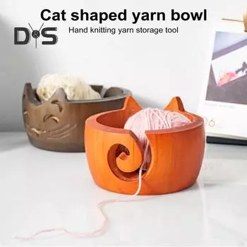 Деревянная миска для пряжи с кошачьими ушками и отверстием, вязаная крючком пряжа, держатель для шаров, органайзер, украшение для рабочего стола, аксессуары для вязания крючком коричневый