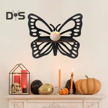 Деревянная настенная полка для Хэллоуина, черная кошка, дерево, бабочка, вырез, настенная полка для хранения, настенное художественное украшение для домашнего декора B