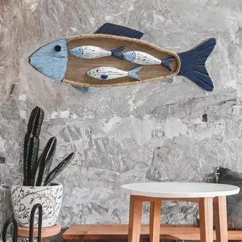 Деревянная настенная рыбка в деревенском стиле для декора дома в прибрежном стиле with 3 Small Fishes