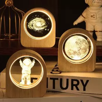 Деревянная основа 3D внутренняя резьба хрустальный шар светящаяся галактика луна украшения рождественский новый год креативный подарок ночник 01