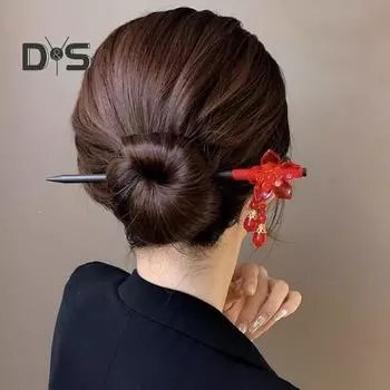 Деревянная палочка для волос в китайском стиле, цветочный декор, кисточка, палочка для еды ручной работы, женский аксессуар для прически A