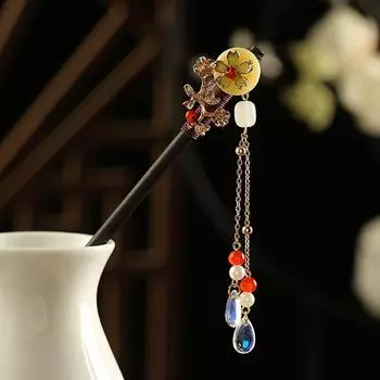 Деревянная палочка для волос в китайском стиле, винтажная заколка с цветочной кисточкой, старинный стиль, элегантные женские аксессуары для волос