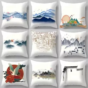 Деревянная подушка на спинку стула, прикроватная подушка татами, офисная подушка для сна, наволочка с пейзажной живописью в китайском стиле 40x40cm