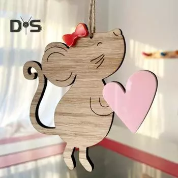 Деревянная подвеска в виде мыши, мультяшное сердечко, украшение в виде мыши для домашнего декора, подвесное украшение в виде мыши с бантом, подарок для любимых на годовщины Дня святого Валентина синий