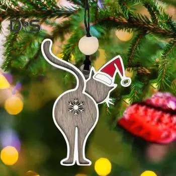 Деревянная подвесная декорация в виде кошачьей попки, двухслойная подвесная декорация в виде кошачьей попки на рождественскую елку, праздничная вечеринка, подвесная подвеска в виде животных в виде булочек