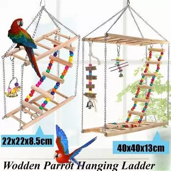 Деревянная подвесная лестница для птиц и попугаев, поворотный мост, жевательная игрушка для домашних животных, колокольчики для маленьких попугаев, попугаев, корелл 22x22x8.5cm