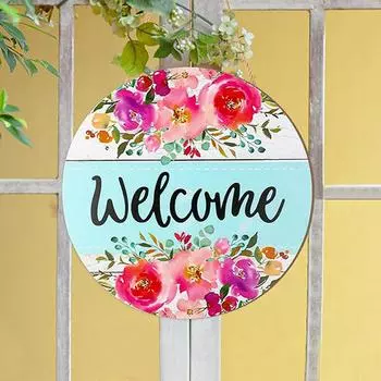 Деревянная подвесная табличка с цветком, Приветственная акварельная цветочная дверная табличка, Круглая фермерская рустикальная подвеска на входную дверь, 11,8 X11,8