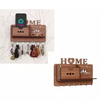 Деревянная полка с матовой отделкой, дизайнерская домашняя боковая настенная полка, ключница с 7 крючками для ключей (коричневый)- Предметы домашнего декора, Предметы украшения Дивали