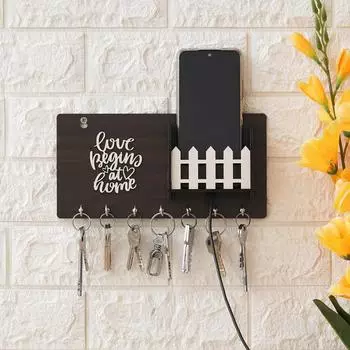 Деревянная полка с матовой отделкой, дизайнерская домашняя боковая настенная полка, ключница с 7 крючками для ключей (коричневый) (ЛюбовьНачинаетсяДома) коричневый