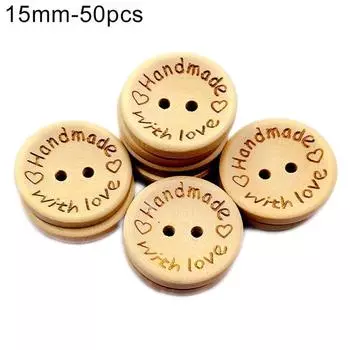 Деревянная пуговица, 50 круглых, с 2 отверстиями, деревянная пуговица ручной работы с любовным письмом, украшение для шитья своими руками 15mm