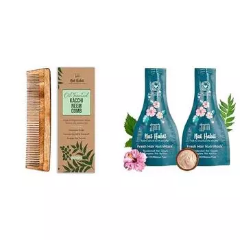 Деревянная расческа Nat Habit Kacchi Neem - пропитанная 17 травами для всех типов волос (Двойной зуб) и Nat Habit Five Oil Hibiscus NutriMask (Упаковка 2 х 40 г)