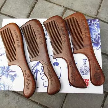 Деревянная расческа, натуральная расческа ручной работы, расческа из сандалового дерева с мелкими зубцами для волнистых волос, густых волос, тонких волос, прямых волос 1