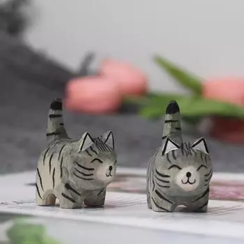 Деревянная резная фигурка кошки, ручная резьба по дереву, художественная статуэтка котенка, маленькая скульптура животного, главная