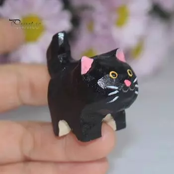 Деревянная резная фигурка кошки, ручная резьба по дереву, художественная статуэтка котенка, маленькая скульптура животного, украшение для домашнего офиса, рабочего стола, орнамент H
