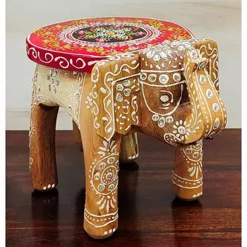 Деревянная роспись Декоративный табурет в виде слона в раджастанском стиле | Декоративные элементы для дома | Выставочный образец(8 дюймов) (горчичный)