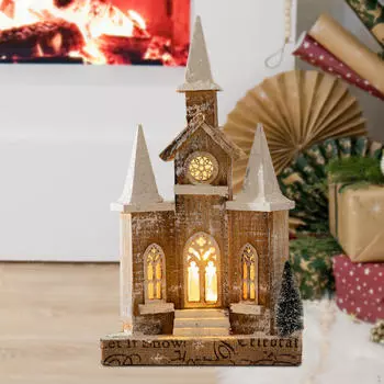 Деревянная рождественская модель церковного домика со световым настольным украшением 17,3x10 дюймов для свадьбы, вечеринки
