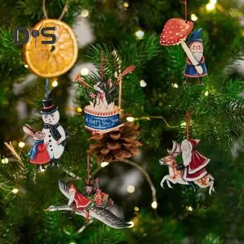 Деревянная рождественская подвеска, забавный Санта, подвесное украшение, мультяшное праздничное украшение со шнурком для украшения каминной полки E