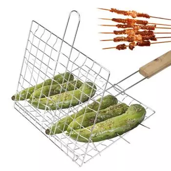 Деревянная ручка для гриля, складной коврик для гриля, сетка для гриля, держатель для мяса и рыбы, кухонный инструмент, корзина для гриля из нержавеющей стали, многоразовая