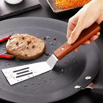Деревянная ручка для жарки Лопатка с антипригарным покрытием Посуда для готовки Прочная портативная нержавеющая сталь Шпатель с прорезями Кухонный гаджет A