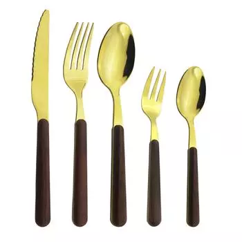 Деревянная ручка с нержавеющей сталью столовый набор серебряные золотые столовые приборы столовая чайная ложка вилка для торта толстая ручка для ежедневного использования 1 Set
