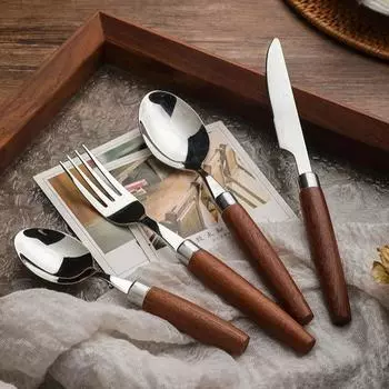 Деревянная ручка столовая посуда из нержавеющей стали нож вилка ложка столовые приборы в западном стиле чайная ложка нож для стейка вилка кухонная утварь для ресторана