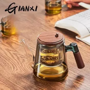 Деревянная ручка течет чайник чашка для разделения чая полностью стеклянный внутренний чайник пузырьковый чайник бытовой фильтр-пресс чайный набор чашка для чая