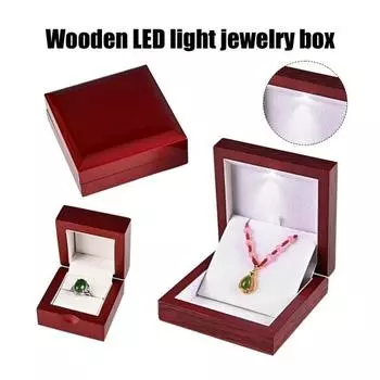 Деревянная шкатулка для украшений с бархатной подкладкой, светодиодная подсветка, компактный дизайн, портативные светящиеся серьги-кольца B