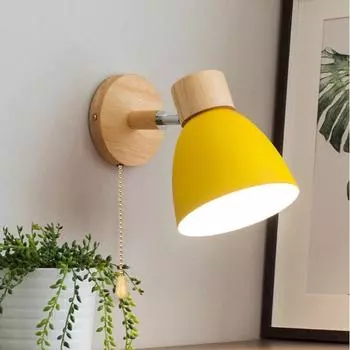 Деревянная скандинавская настенная лампа с выключателем, современная настенная лампа для спальни, гостиной, домашнего освещения, макаруны, 6 цветов, рулевая головка E27 Without Bulb