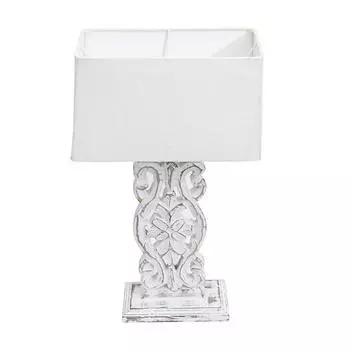 Деревянная скульптурная настольная лампа ручной работы с бежевым квадратным абажуром (Белила, Беги)