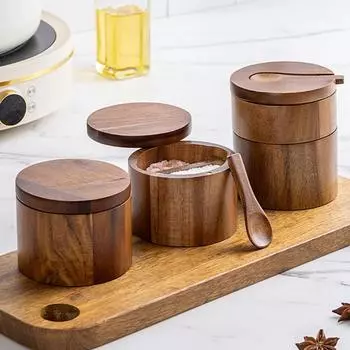 Деревянная солонка с вращающейся крышкой для ложки, сахара, перца, приправ, контейнер для специй, бутылка для приправ, кухонный ящик для хранения