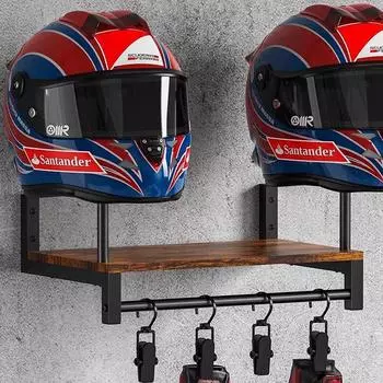 Деревянная стойка для мотоциклетного шлема с полкой, настенная стойка для демонстрации шлемов, совместимая со шлемами - вмещает 2 шлема