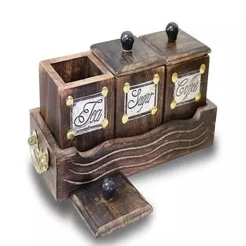 Деревянная столешница, большой набор канистр из 3 контейнеров с подносом и крышкой для чая, кофе, сахара, коробка 600 мл
