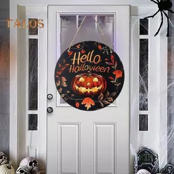 Деревянная табличка на дверь Хэллоуина, тыква, ведьма, гном, круглая вешалка на дверь, настенная табличка для входной двери, украшение для дома и улицы 20x20cm