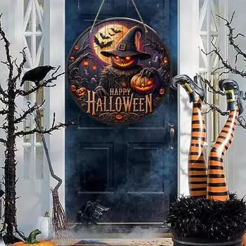 Деревянная табличка на дверь Хэллоуина, тыква, ведьма, гном, круглая вешалка на дверь, настенная табличка для входной двери, украшение для дома и улицы 20x20cm