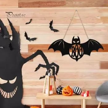 Деревянная табличка на дверь на Хэллоуин, черная полая тыква, летучая мышь, паутина, вешалка на дверь, настенная подвесная табличка для входной двери, украшение для дома и улицы B