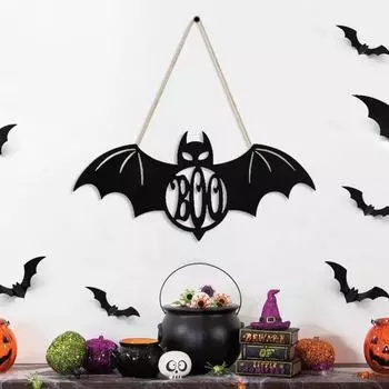Деревянная табличка на дверь на Хэллоуин, черная полая тыква, летучая мышь, паутина, вешалка на дверь, настенная подвесная табличка для входной двери, украшение для дома и улицы