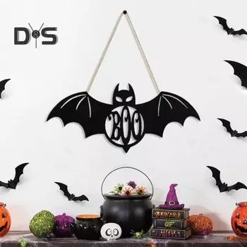 Деревянная табличка на дверь на Хэллоуин, черная полая тыква, летучая мышь, паутина, вешалка на дверь, настенная подвесная табличка для входной двери, украшение для дома и улицы A