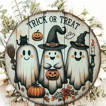 Деревянная табличка на дверь на Хэллоуин, подвеска в виде милой тыквы-призрака, 20 см, круглая, настенная, дверная, декоративные украшения