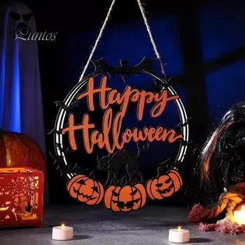 Деревянная табличка на дверь на Хэллоуин, тыква, летучая мышь, черная кошка, круглая вешалка на дверь, настенная табличка для входной двери, украшение для дома и улицы A